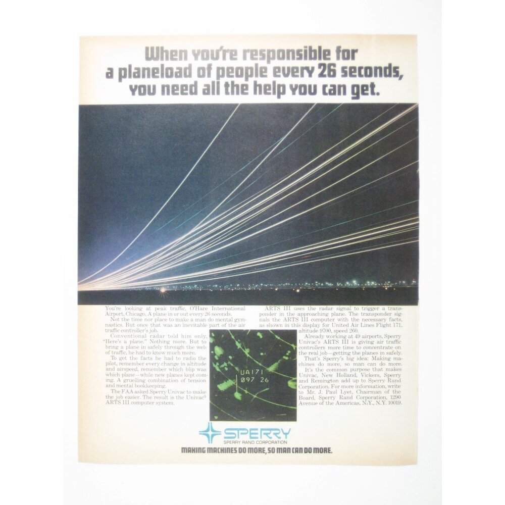 Vintage 1972 Sperry Ad OHare International Airport Air Traffic Control System
